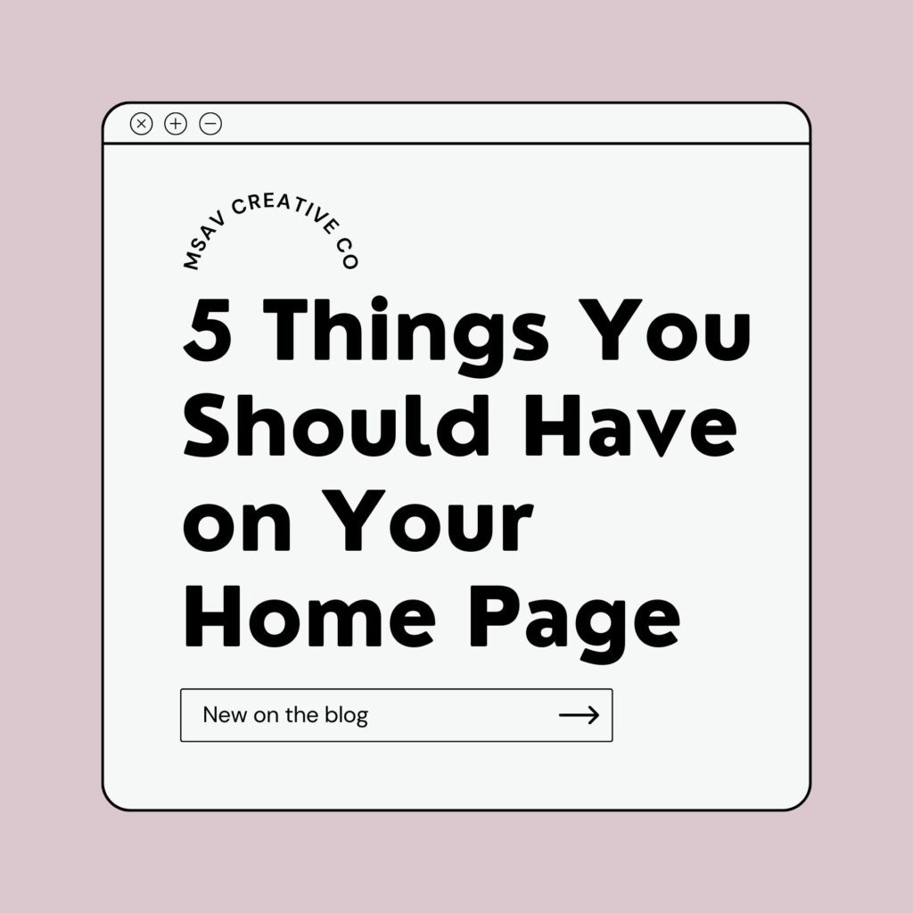 A fake webpage reads "5 Things You Should Have on Your Home Page" in reference to a blog covering what should be on a wedding photography website's home page